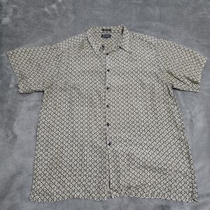 Marc Edwards Silk Short Sleeve Button Down Shirt Black/Gold Geometric Pattern